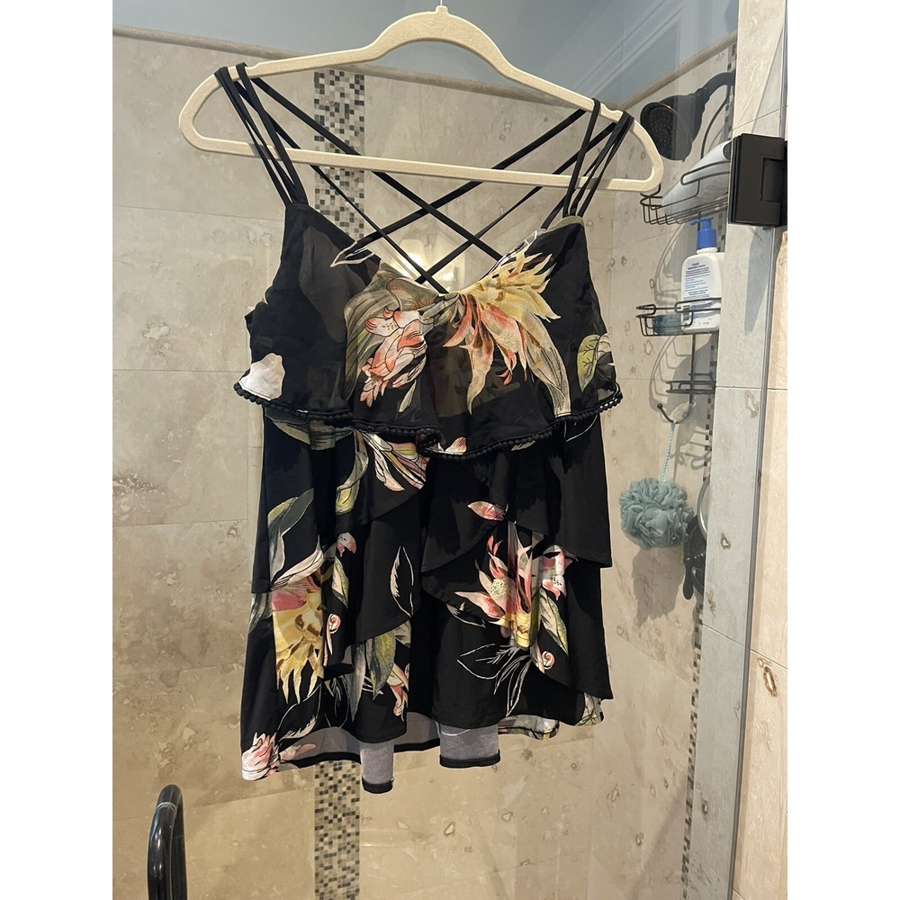 White House Black Market Tropical Floral Ruffle Tiered Strappy Tank Top M Black